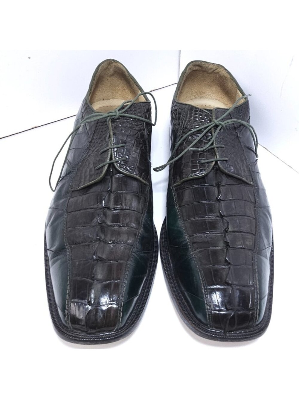 Belvedere Colombo Men’s Size 12 Crocodile Leather Dress Shoes Green Brown